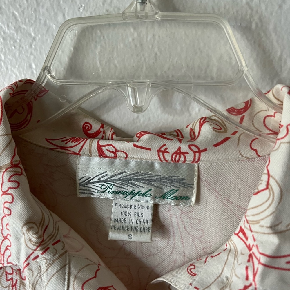Silk Floral top Tropical Print Shirt Pineapple Moon, Size small; - Picture 3 of 6